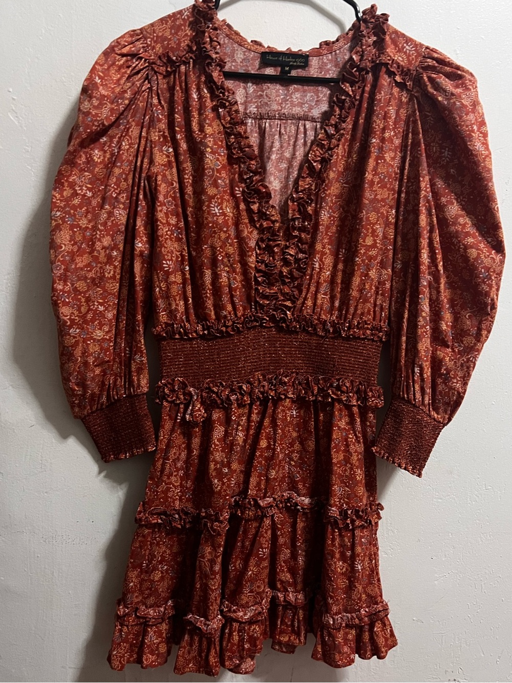 House of Harlow 1960 Orange Floral Smocked-Waist Ruffle Dress - Picture 6 of 7